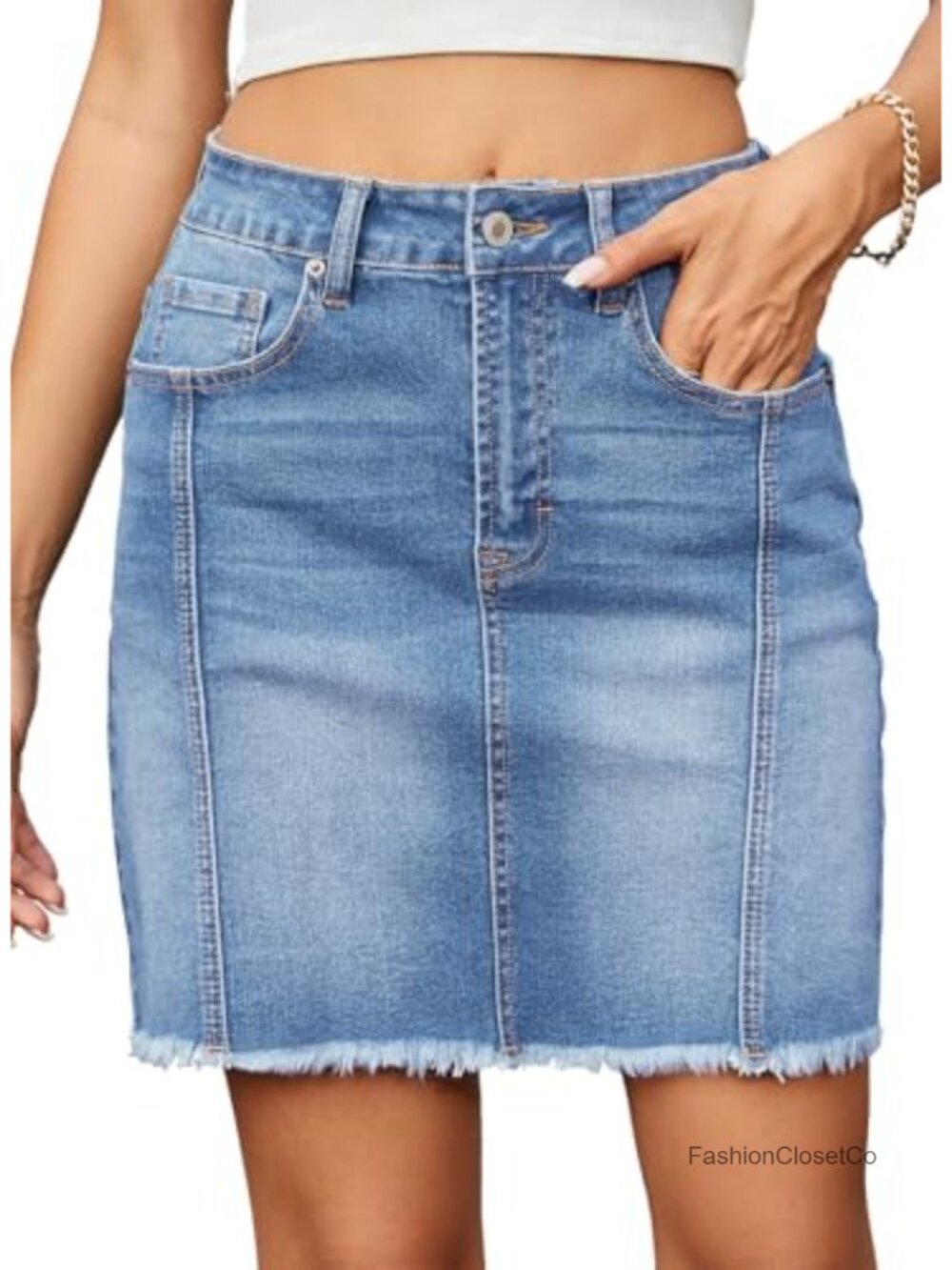 High Waist Denim Skirt Raw Hem Stretch Cotton Mini Skirt
